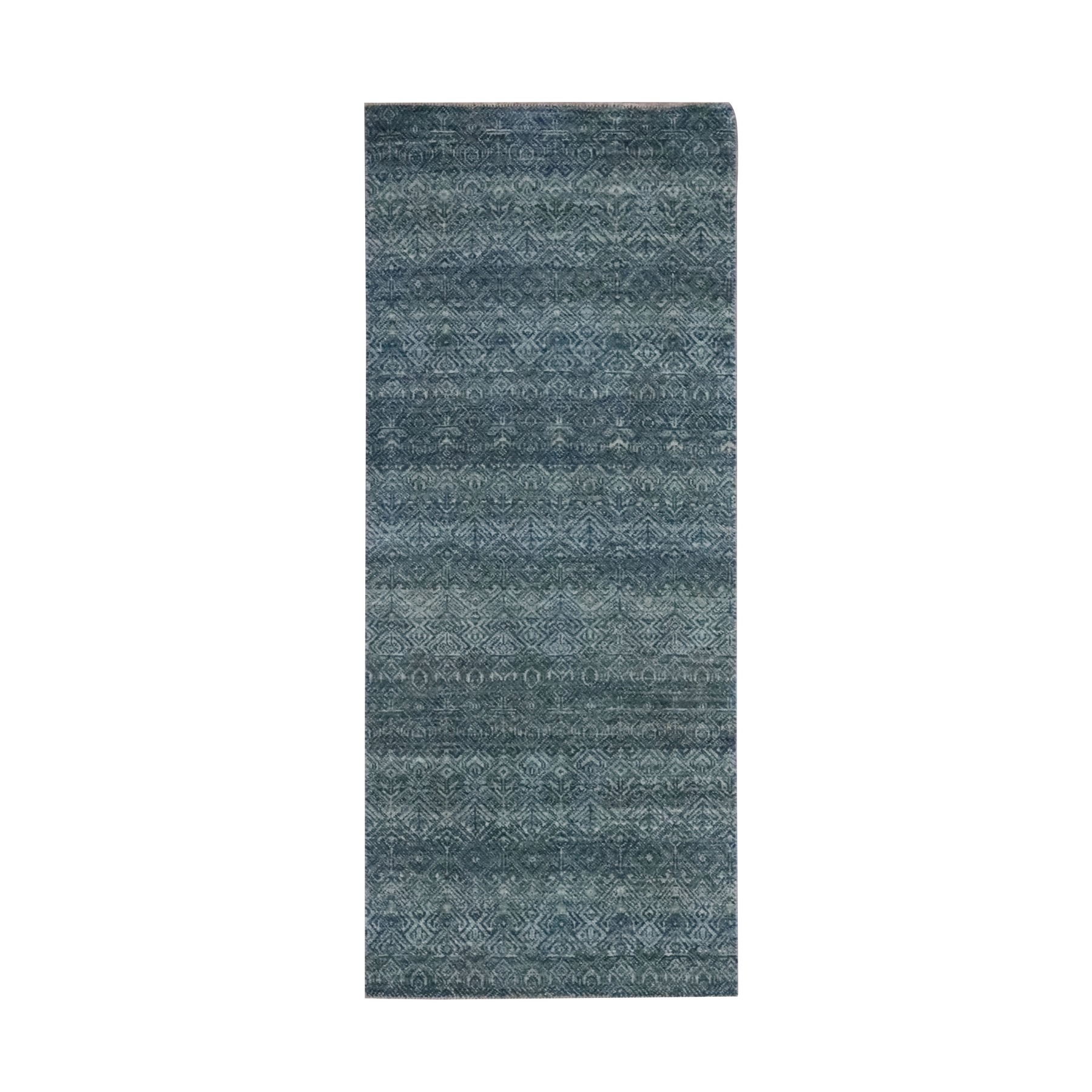 2'6"x6'1" Ocean Blue, Small Geometric Repetitive Diamond Design, Hand Knotted, Kohinoor Herat Pattern, Tone on Tone, Soft Wool, Runner Oriental Rug 